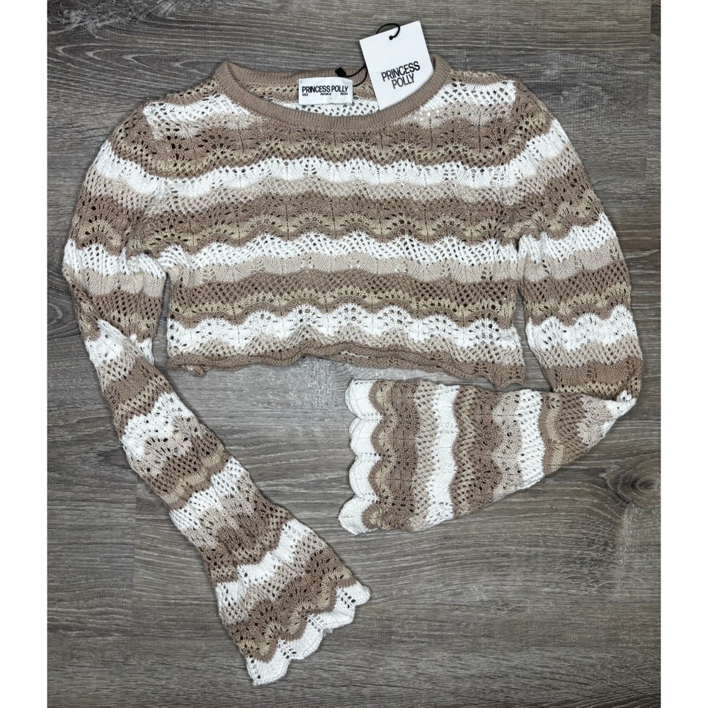 Princess Polly Women's Cropped Long Sleeve Knit Shirt Sweater‎ Beige White XS/2